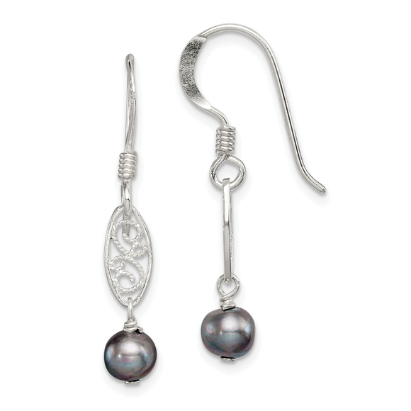 Jewelry - Sterling Polished Filigree 5 6mm Grey Freshwater Cultured Pearl Dangle Earrings